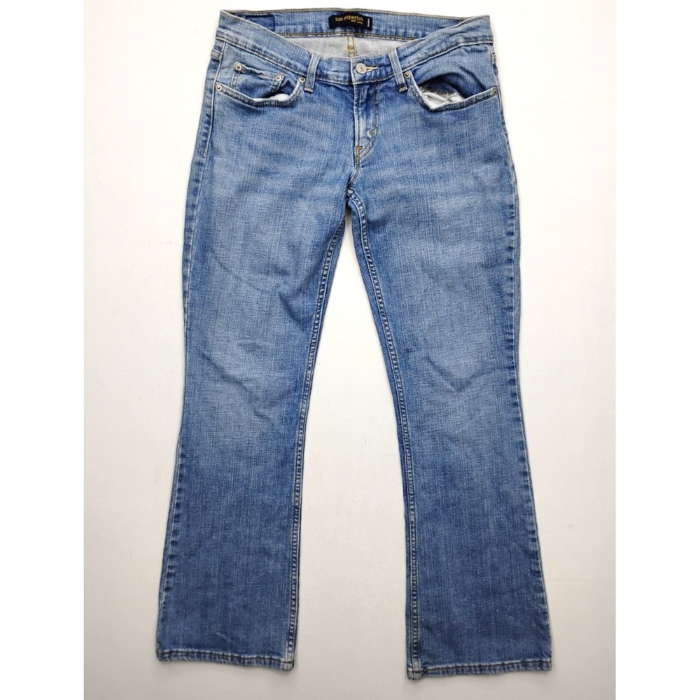 Levis 524 Too Superlow Flare Jeans Women 7 Junior Blue Medium Wash Stretch Denim